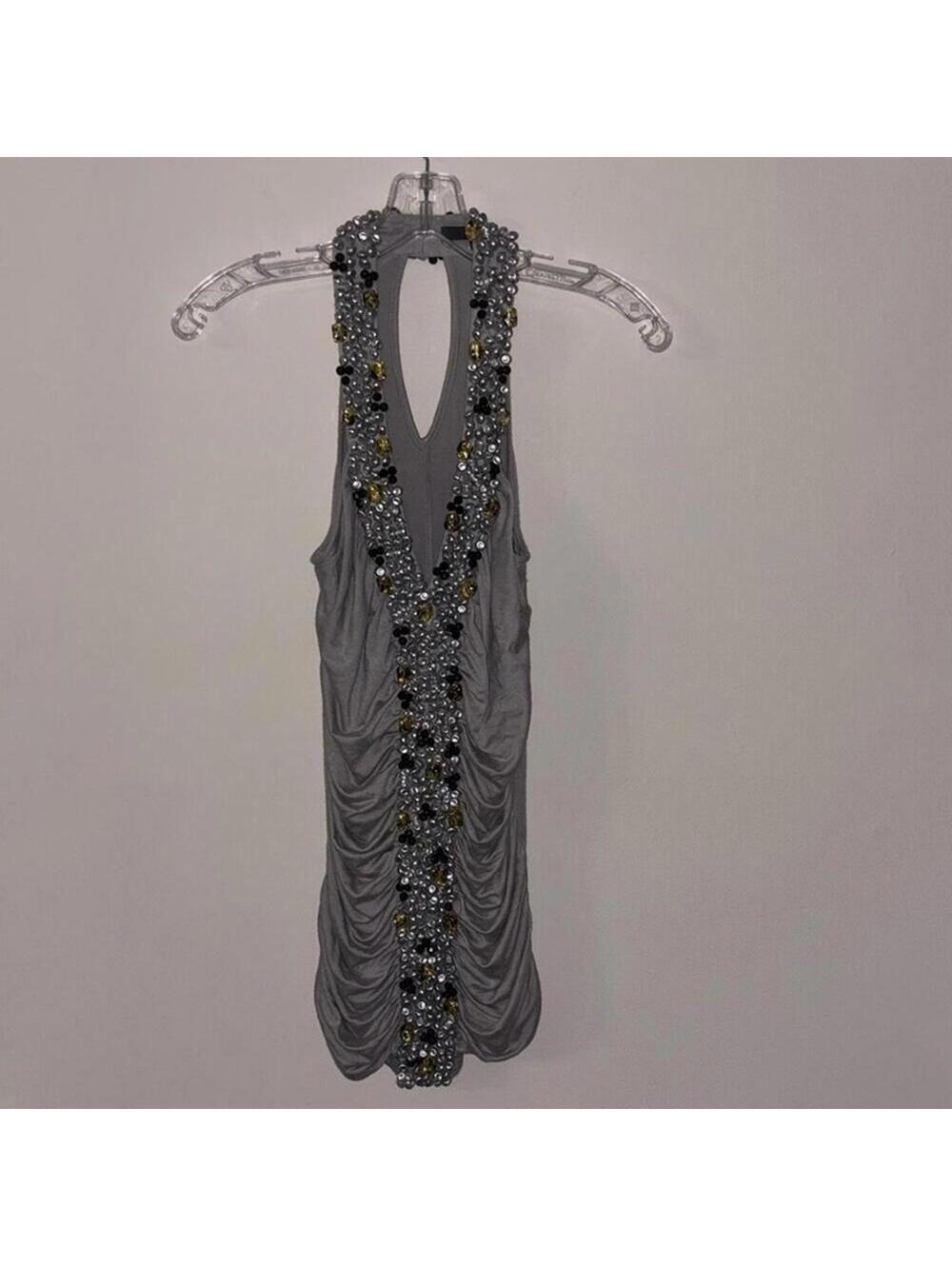 Grey Racerback Ruched Slinky Stretch Party Festival Top Heavy Beading